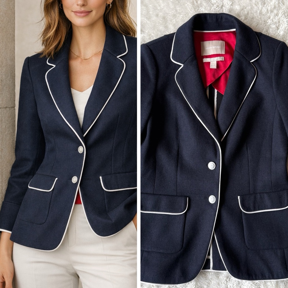 Banana Republic Women's Navy Wool Blazer with White Trim - Size US Small
